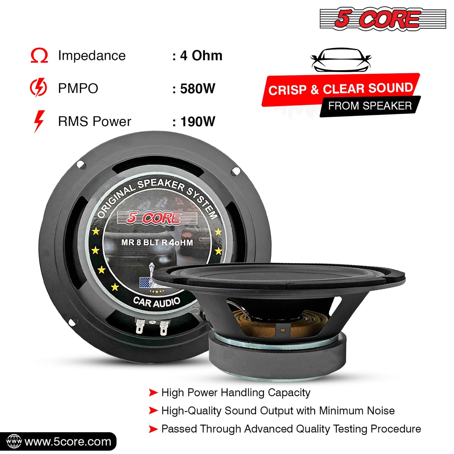 5Core 8 Inch Midrange Door Speaker 500W PMPO Subwoofer w Aluminum