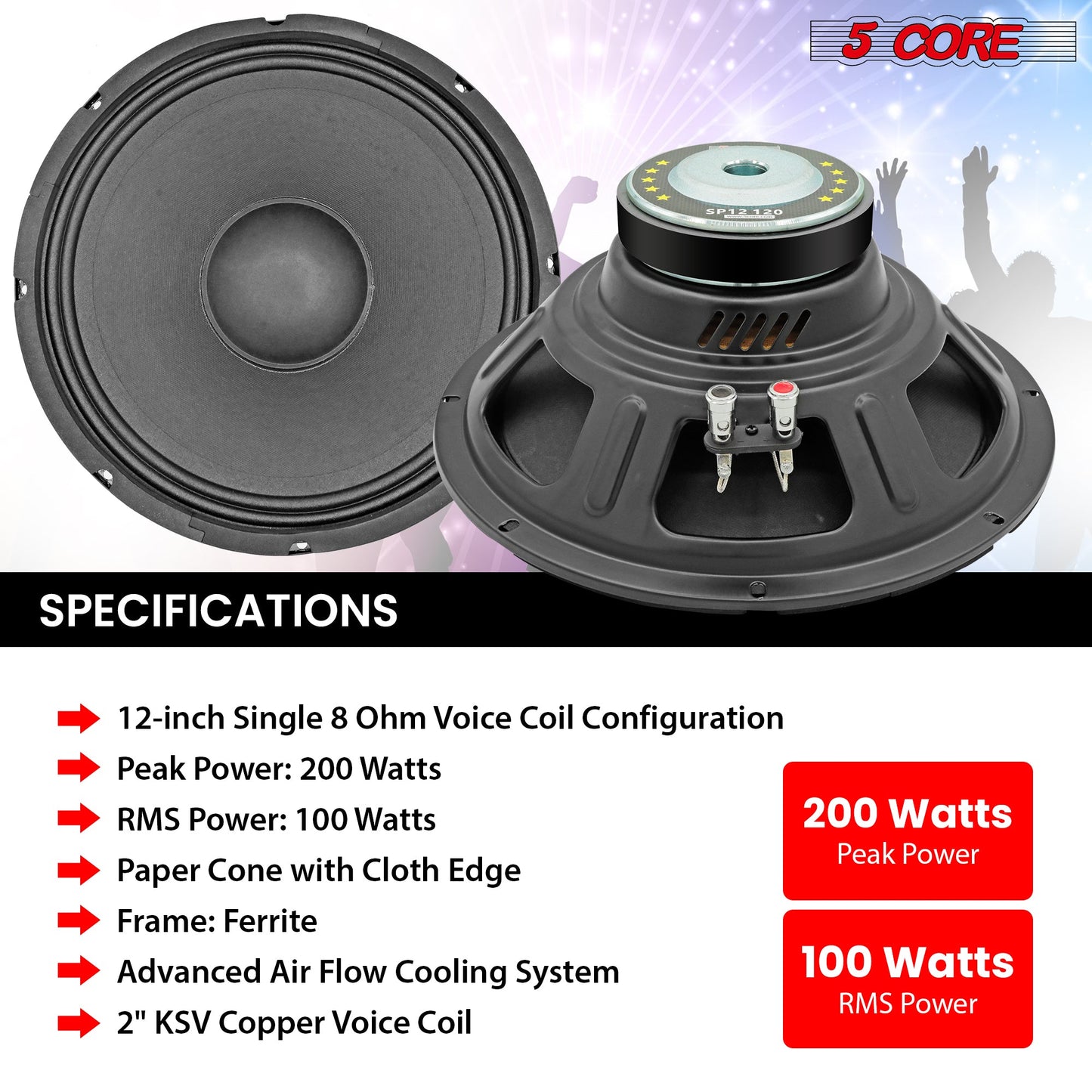 5Core 12 Inch DJ Subwoofer Speaker 200W Peak 8Ohm Audio Replacement