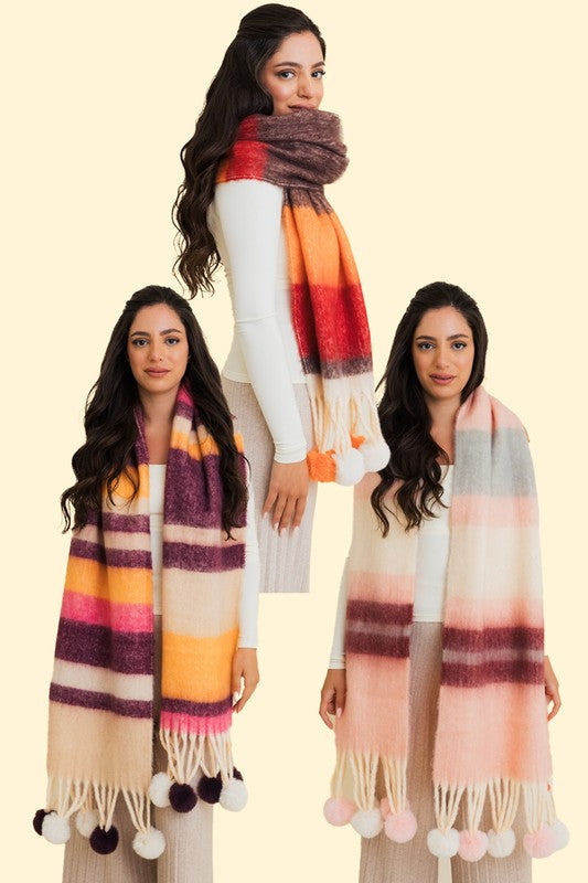 Contrast Color Stripes Chunky Pom Tassel Scarf