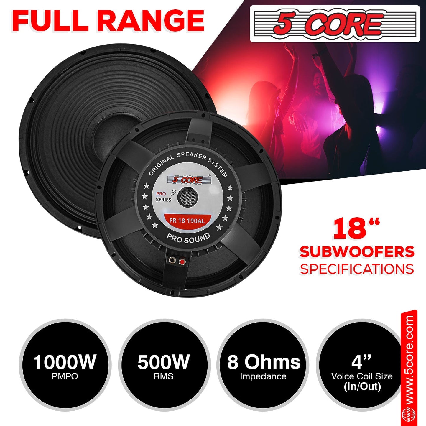 5Core 18 Inch Subwoofer Speaker 1000W Max 8Ohm Full Range Replacement