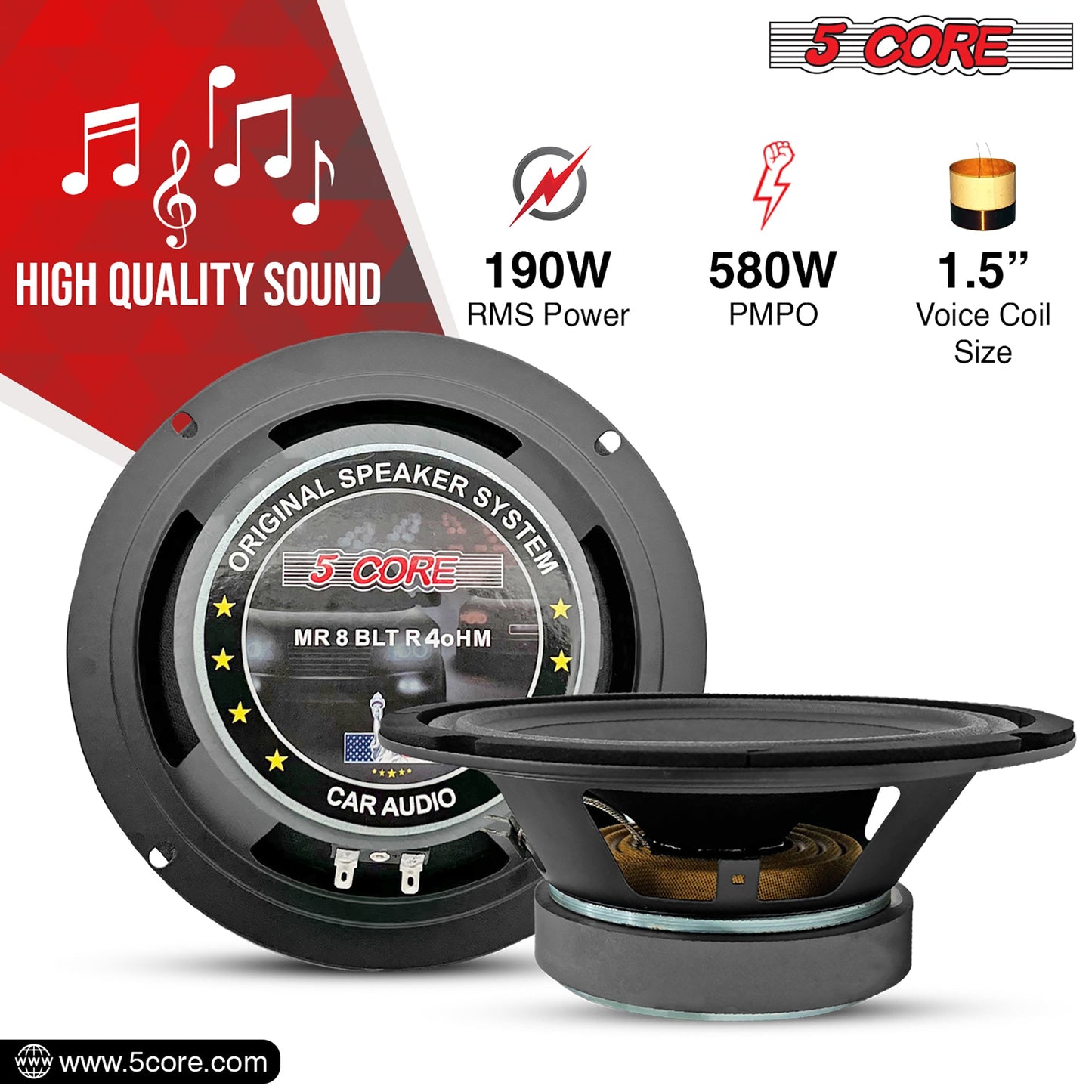 5Core 8 Inch Midrange Door Speaker 500W PMPO Subwoofer w Aluminum