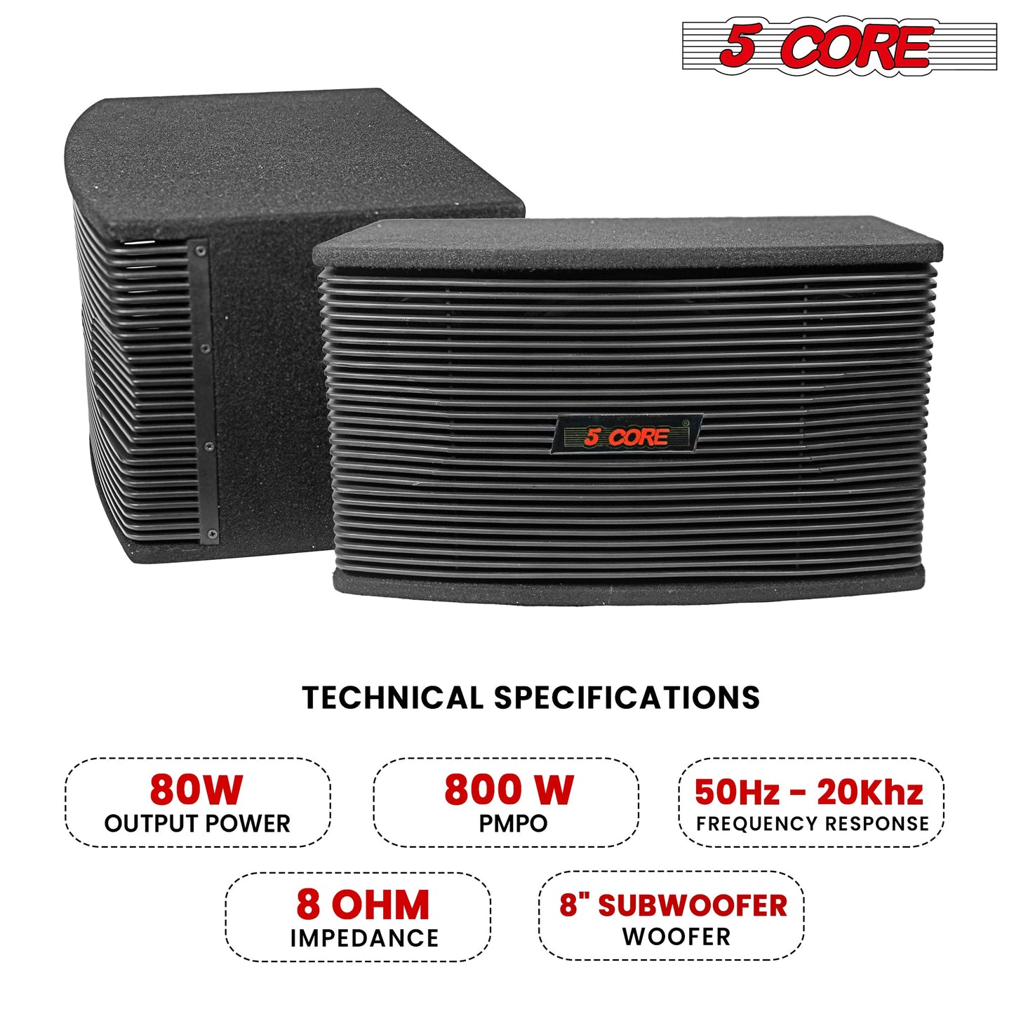 5Core 8 Inch Car Subwoofer Box Black 800W Peak 8 Ohm Vented Trunk