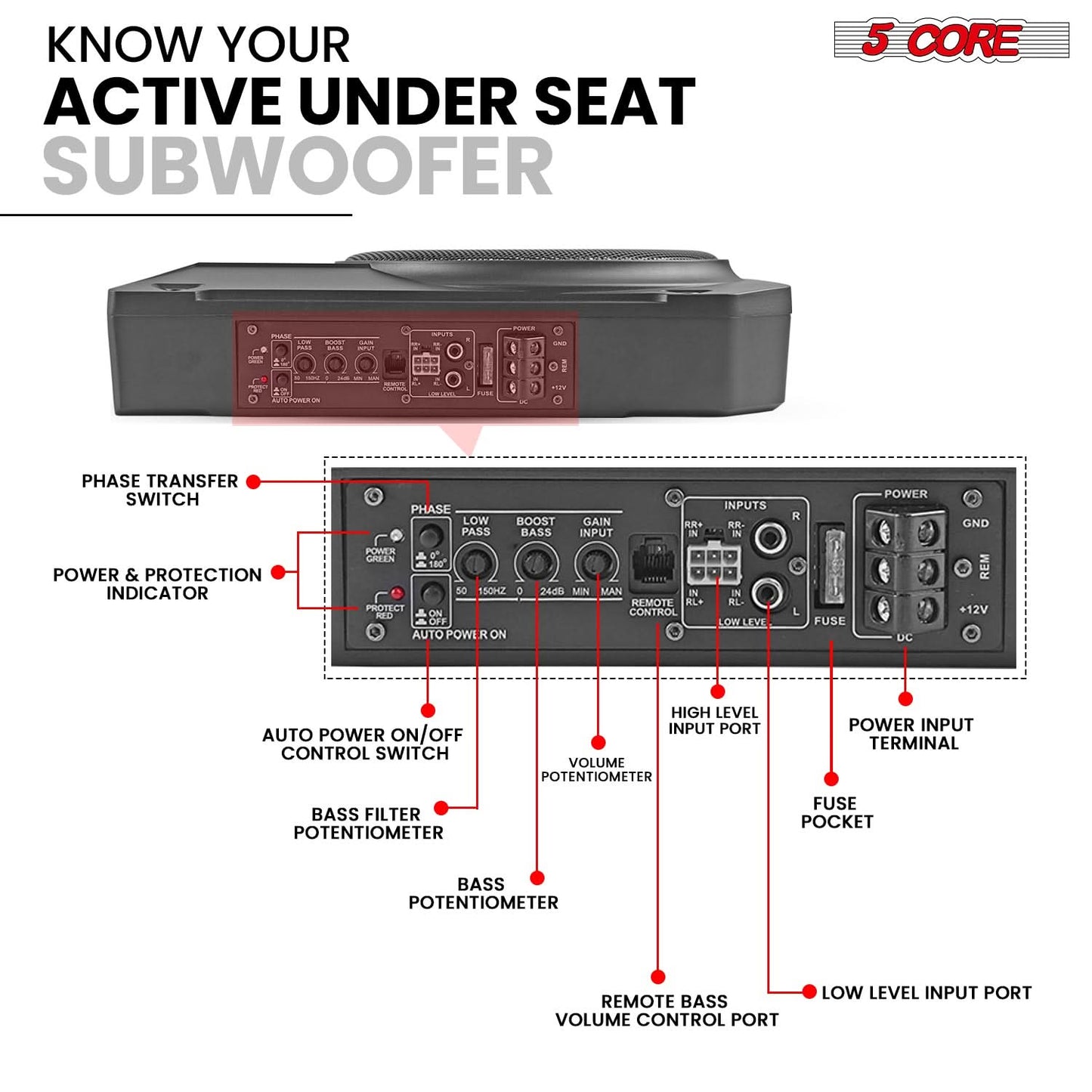 5Core 10 inch Slim Under Seat Car Audio Subwoofer 800W Built in