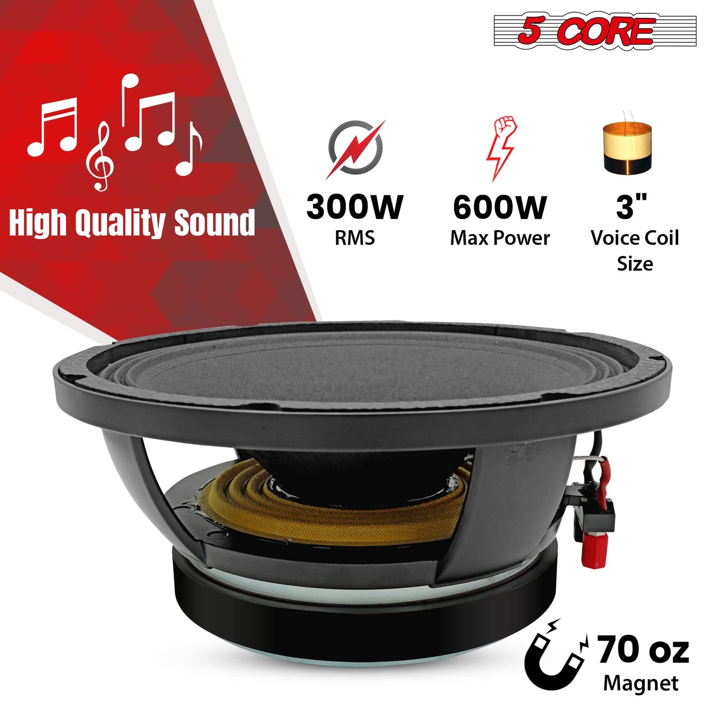 5 CORE 10 Inch Subwoofer Speaker 600W Max 4 Ohm Full Range Replacement