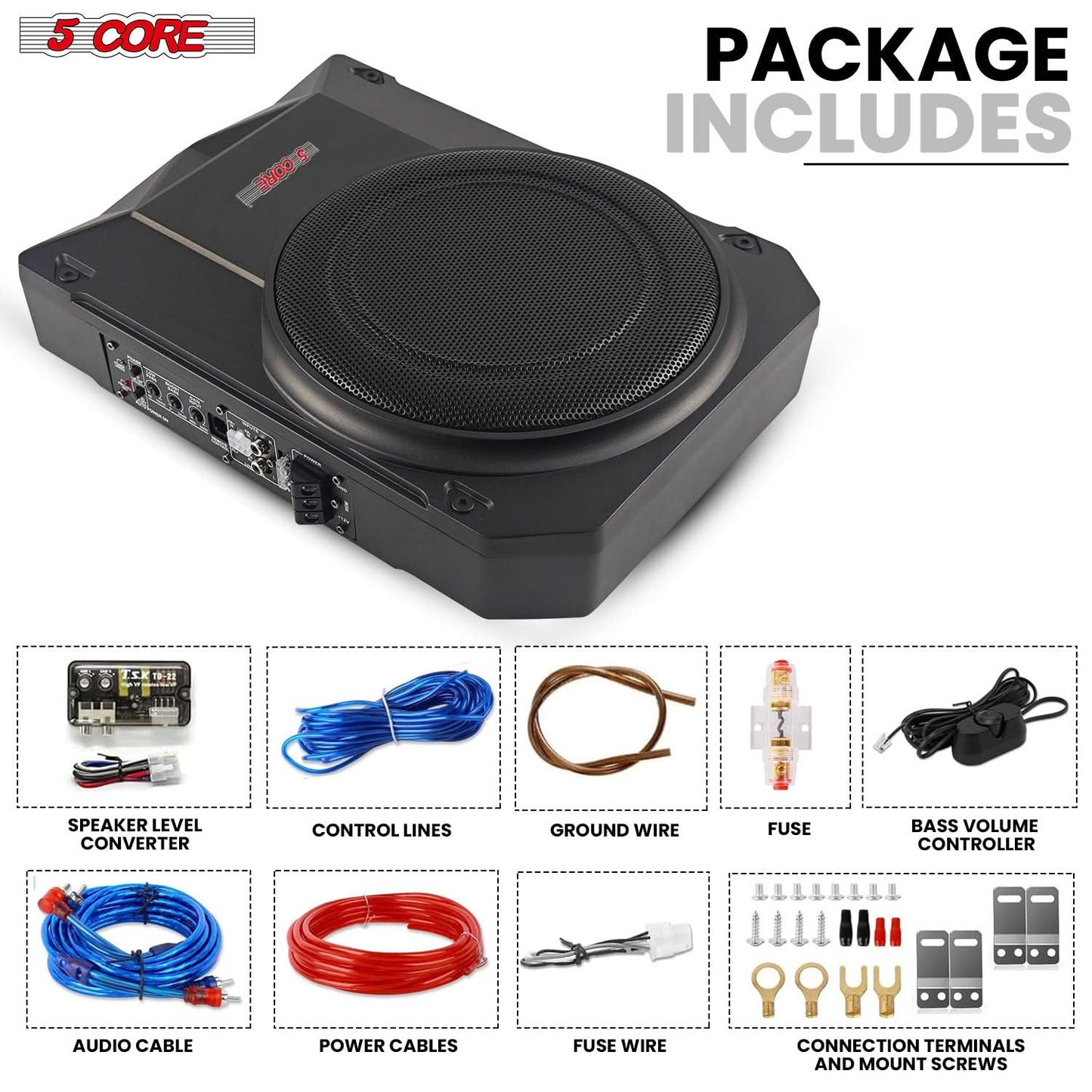 5Core 10 inch Slim Under Seat Car Audio Subwoofer 800W Built in