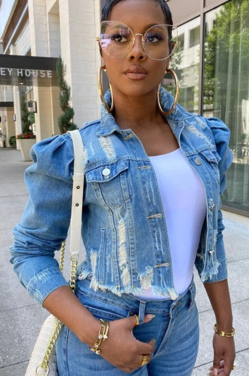 Women's Ripped Denim Jacket Casual Long Puff Sleeve Button Down