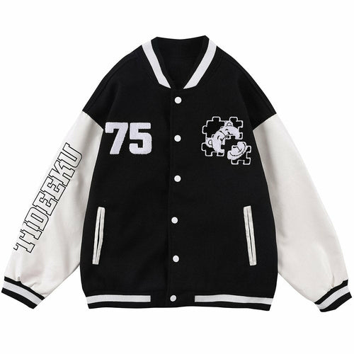 Baseball Jacket Men Furry Bear Patchwork Embroidery Letter Track Coats