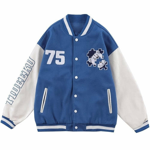 Baseball Jacket Men Furry Bear Patchwork Embroidery Letter Track Coats