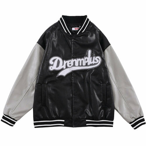 Baseball Jacket Men Retro Color Block Furry Patch Leather Bomber Coat