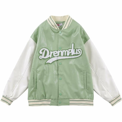 Baseball Jacket Men Retro Color Block Furry Patch Leather Bomber Coat