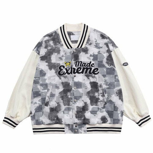 Baseball Jacket Men Tie Dye Checkerboard Printed Patchwork Bomber