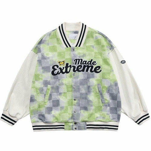 Baseball Jacket Men Tie Dye Checkerboard Printed Patchwork Bomber