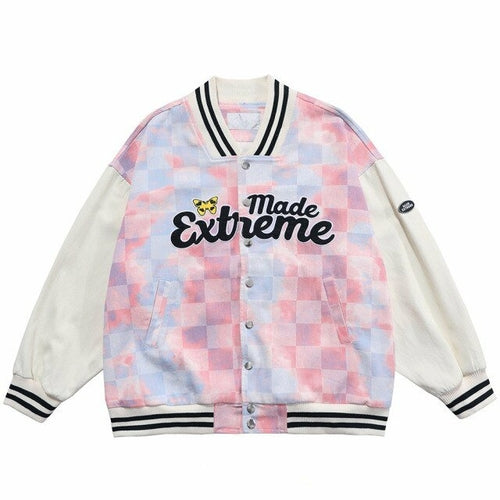 Baseball Jacket Men Tie Dye Checkerboard Printed Patchwork Bomber