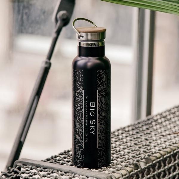 Big Sky - Montana Map Bottle with Bamboo Top in Matte Black