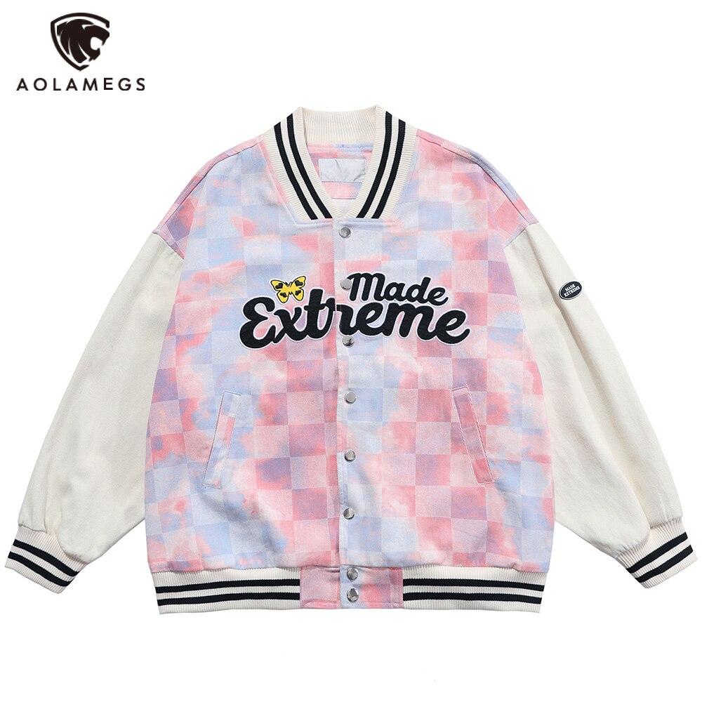 Baseball Jacket Men Tie Dye Checkerboard Printed Patchwork Bomber