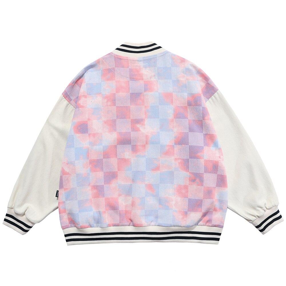 Baseball Jacket Men Tie Dye Checkerboard Printed Patchwork Bomber