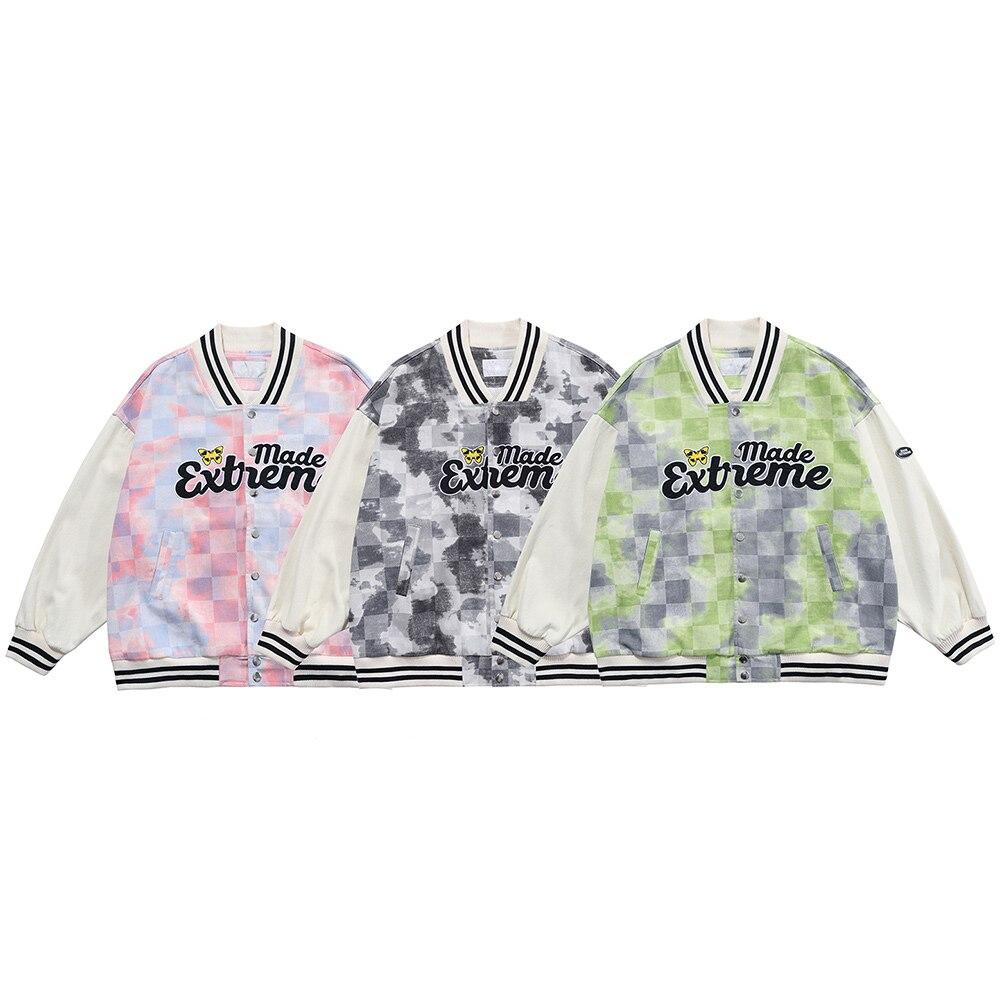 Baseball Jacket Men Tie Dye Checkerboard Printed Patchwork Bomber