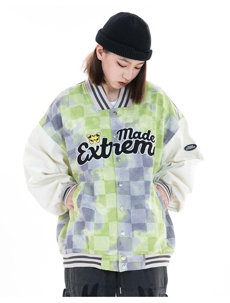 Baseball Jacket Men Tie Dye Checkerboard Printed Patchwork Bomber