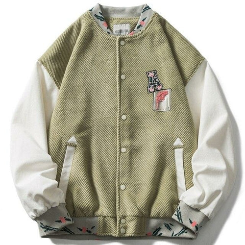 Baseball Jacket Men Flowers Letter Embroidery Color Block Patchwork