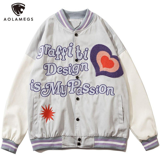 Furry Heart Patch Letter Embroidery Baseball Jacket Couple Varsity