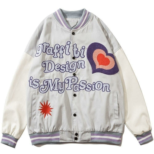 Furry Heart Patch Letter Embroidery Baseball Jacket Couple Varsity