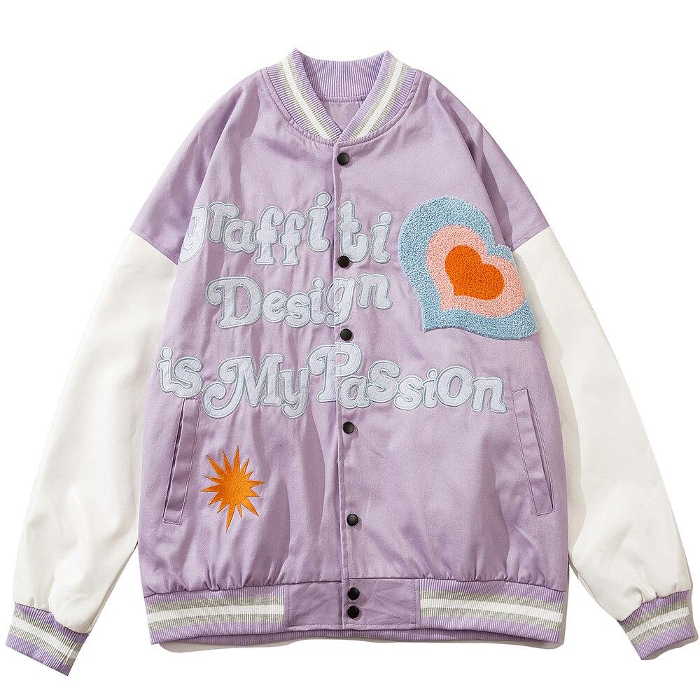 Furry Heart Patch Letter Embroidery Baseball Jacket Couple Varsity