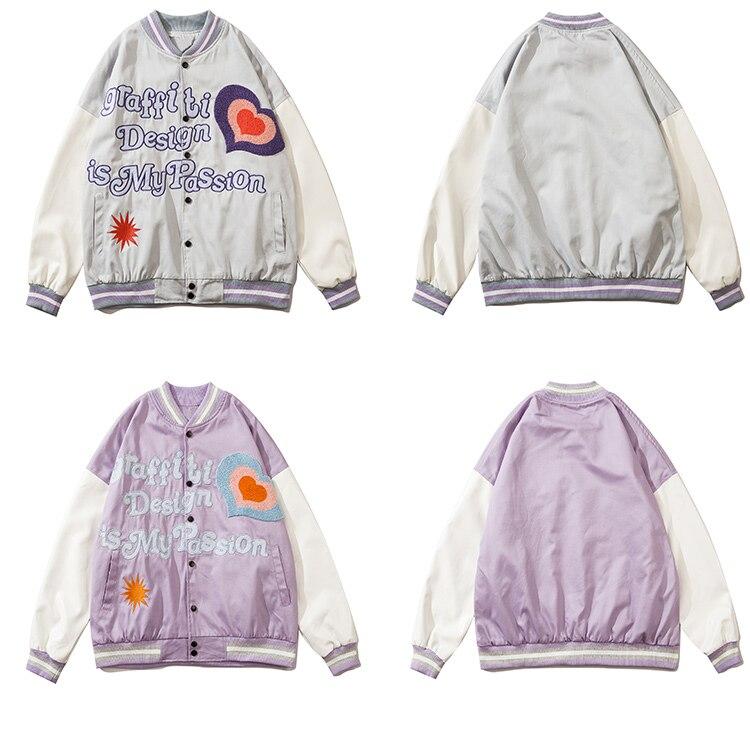 Furry Heart Patch Letter Embroidery Baseball Jacket Couple Varsity