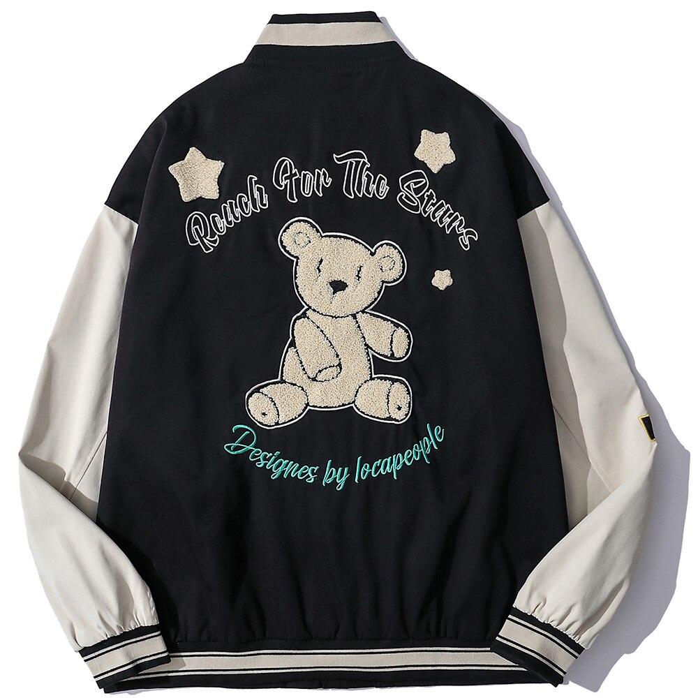 Baseball Jacket Men Cute Bear Patch Letter Embroidery Patchwork