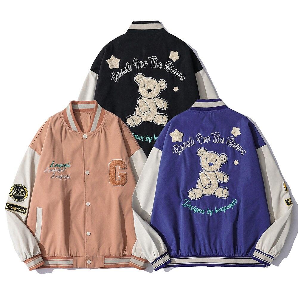 Baseball Jacket Men Cute Bear Patch Letter Embroidery Patchwork