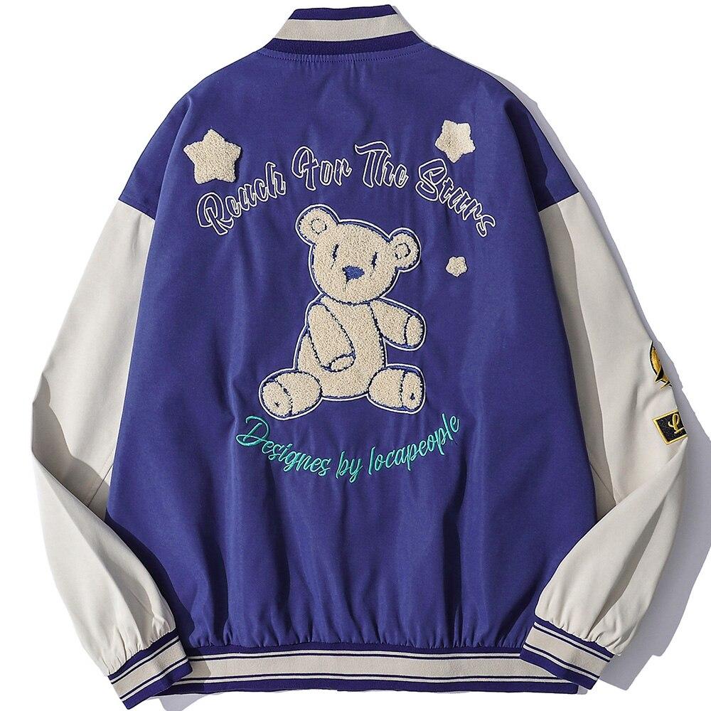 Baseball Jacket Men Cute Bear Patch Letter Embroidery Patchwork