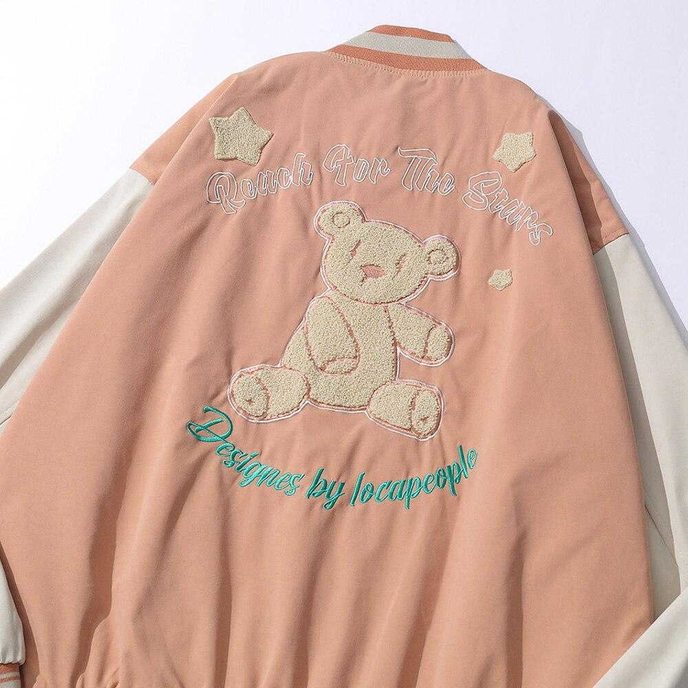 Baseball Jacket Men Cute Bear Patch Letter Embroidery Patchwork