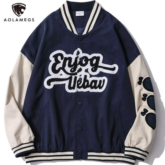 Jacket Men Color Block Patchwork Furry Patches College Style Baseball