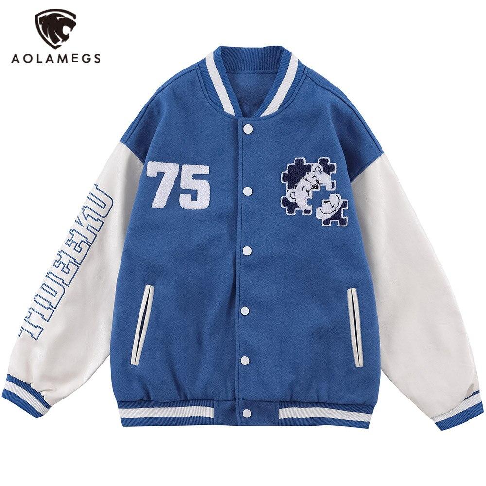 Baseball Jacket Men Furry Bear Patchwork Embroidery Letter Track Coats