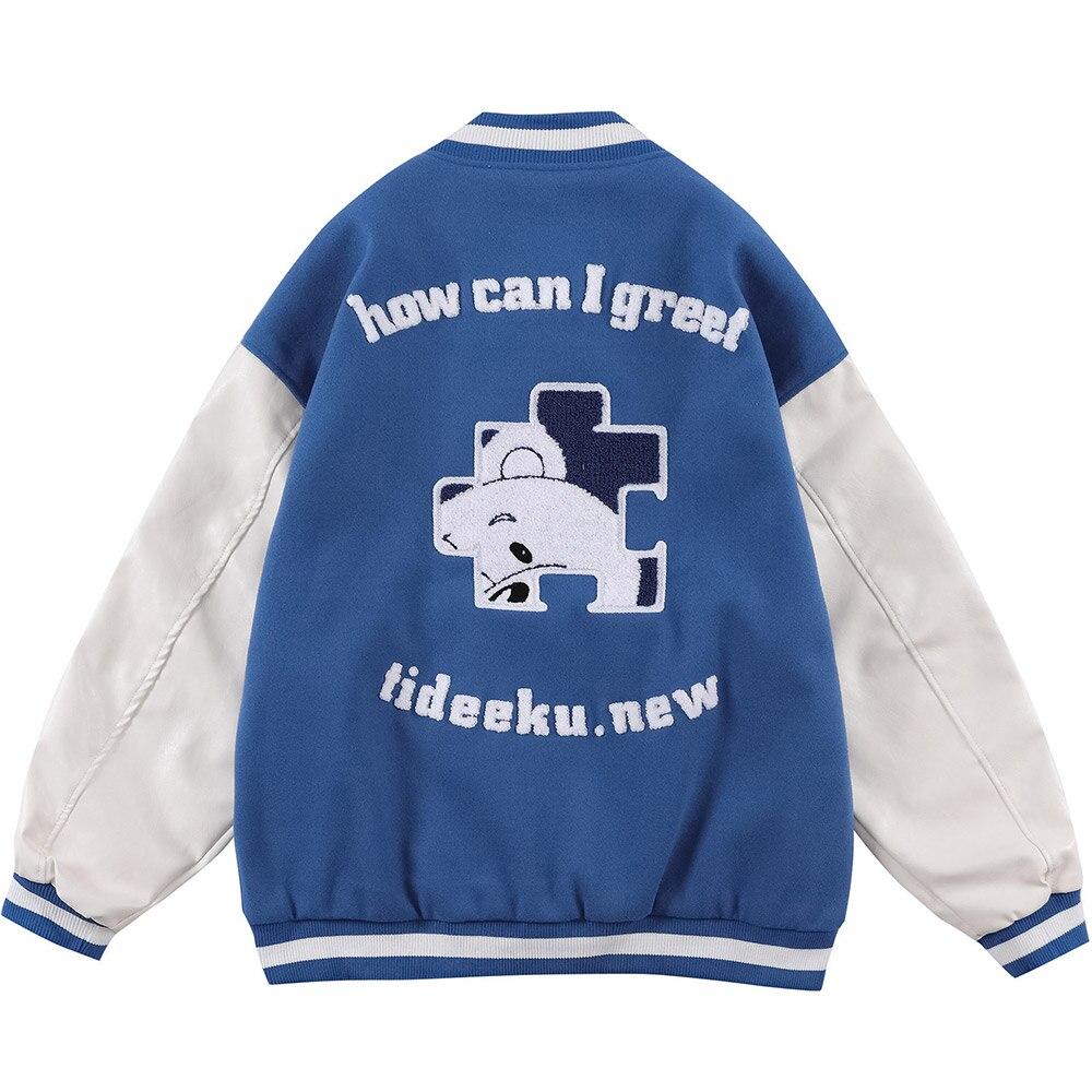 Baseball Jacket Men Furry Bear Patchwork Embroidery Letter Track Coats