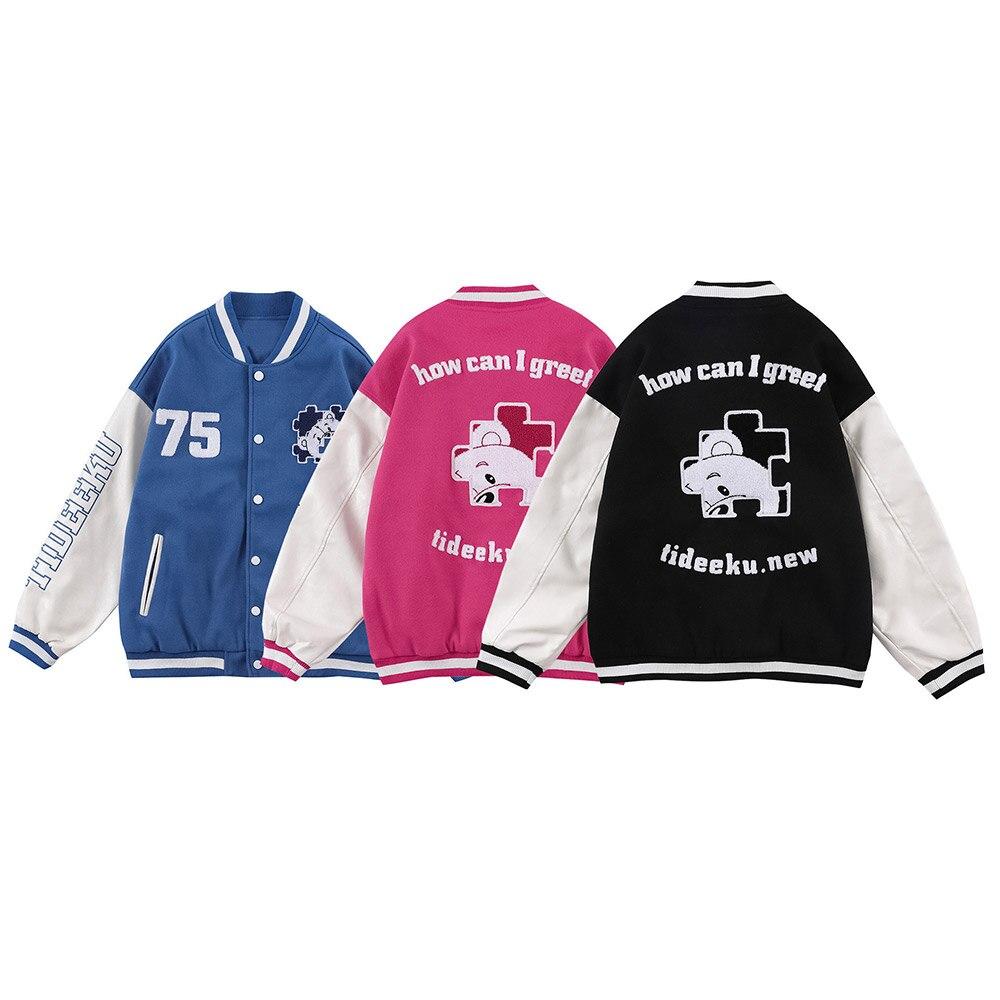 Baseball Jacket Men Furry Bear Patchwork Embroidery Letter Track Coats