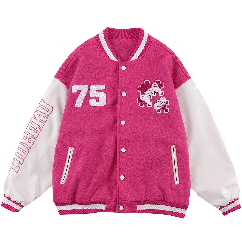 Baseball Jacket Men Furry Bear Patchwork Embroidery Letter Track Coats