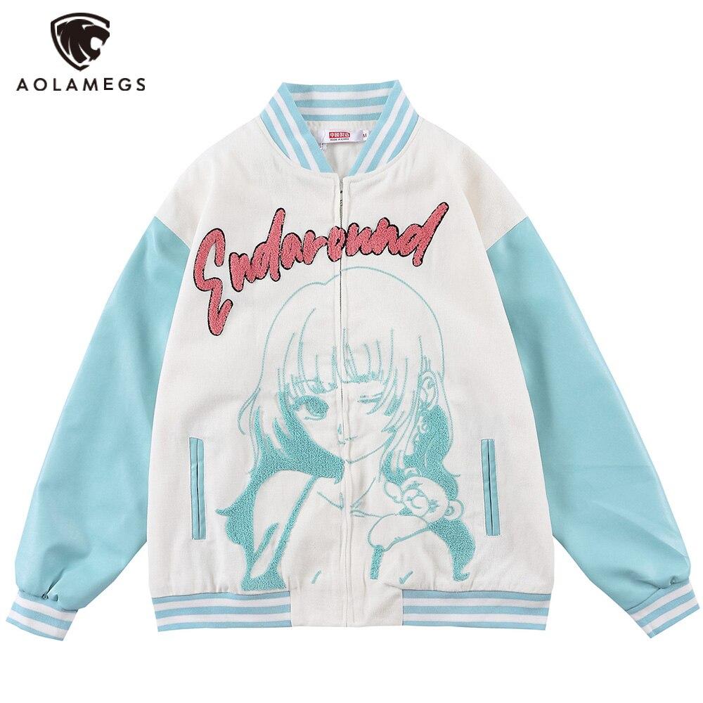 Jacket Men Comics Girl Print Patchwork Color Baseball Jackets College