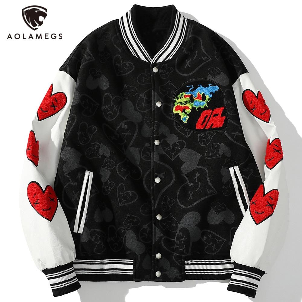 Bomber Jackets Men Furry Heart-shaped Patch Leather Patchwork Baseball