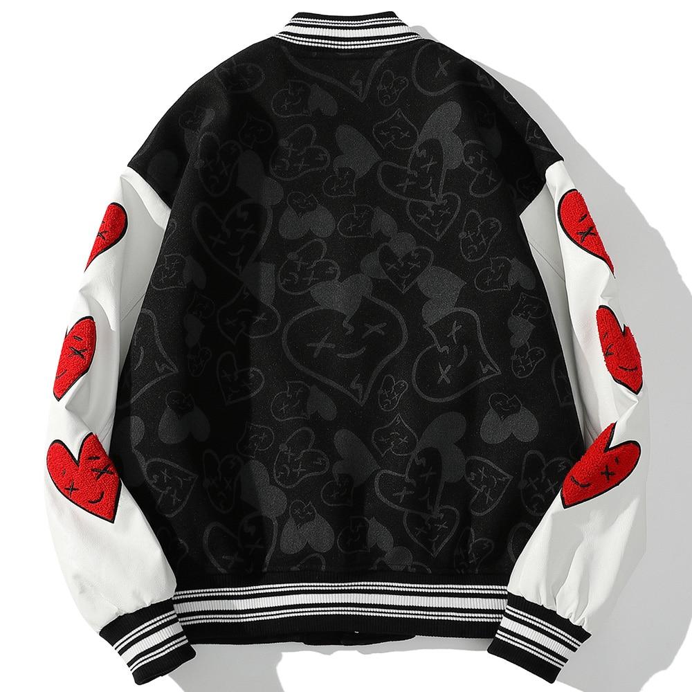 Bomber Jackets Men Furry Heart-shaped Patch Leather Patchwork Baseball