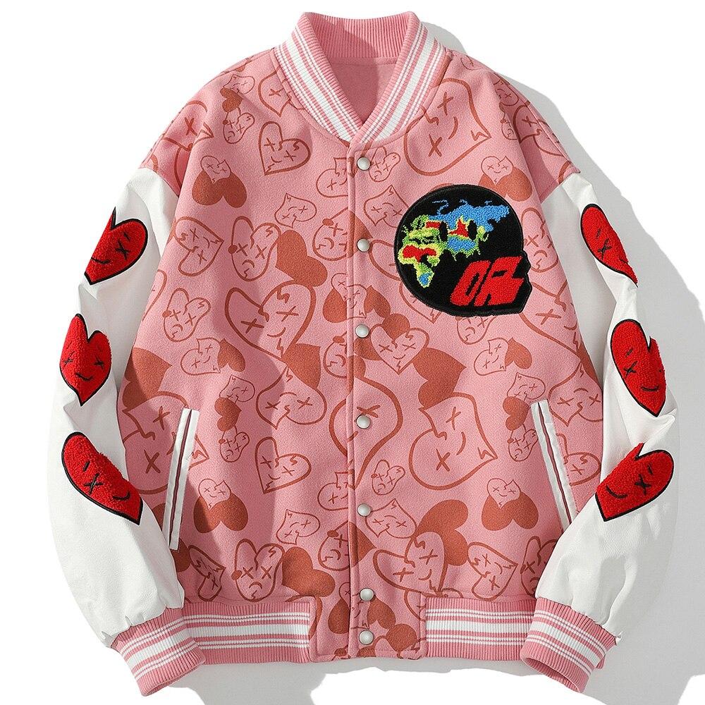 Bomber Jackets Men Furry Heart-shaped Patch Leather Patchwork Baseball