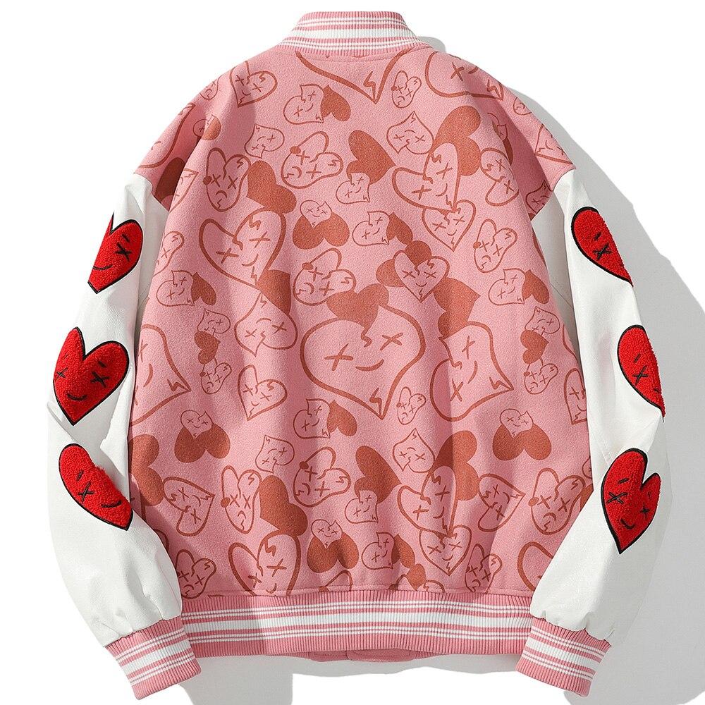 Bomber Jackets Men Furry Heart-shaped Patch Leather Patchwork Baseball