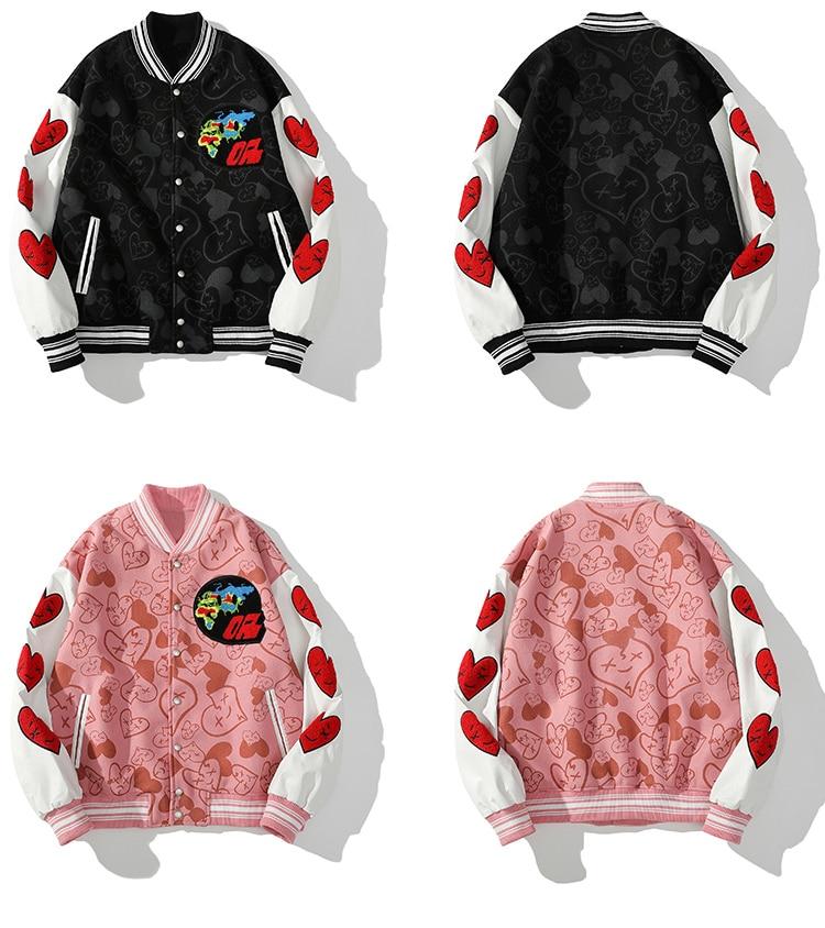 Bomber Jackets Men Furry Heart-shaped Patch Leather Patchwork Baseball