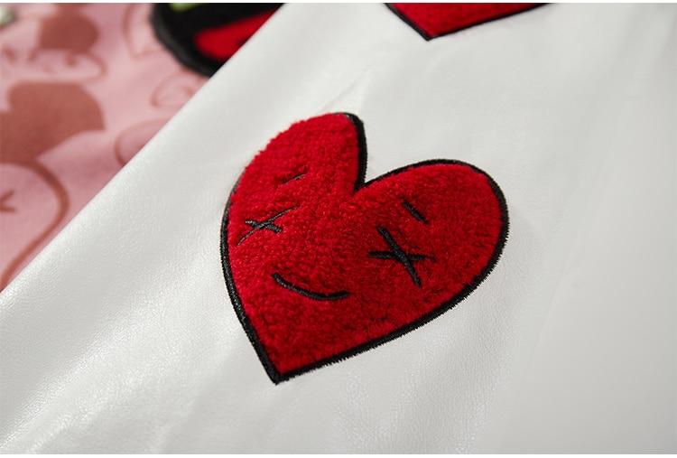 Bomber Jackets Men Furry Heart-shaped Patch Leather Patchwork Baseball