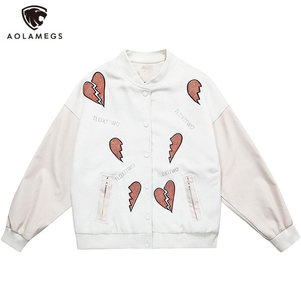 Jacket Men Diamonds Broken Heart Leather Patchwork Sleeve Baseball