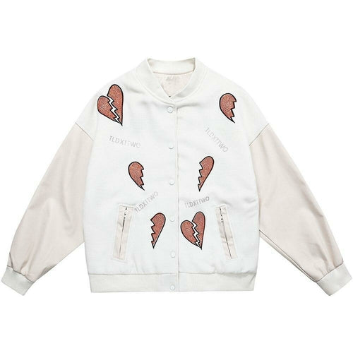 Jacket Men Diamonds Broken Heart Leather Patchwork Sleeve Baseball