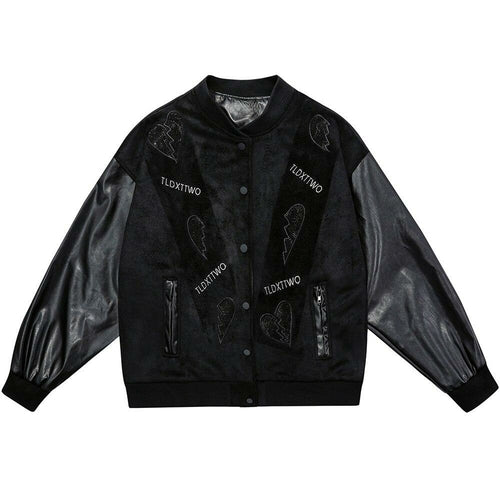 Jacket Men Diamonds Broken Heart Leather Patchwork Sleeve Baseball