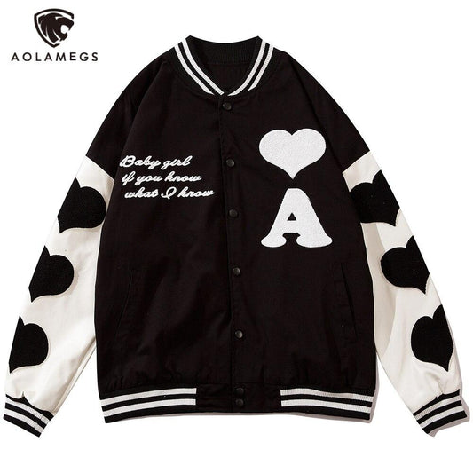 Baseball Jacket Men Leather Patchwork Furry Heart Patch Baggy Harajuku