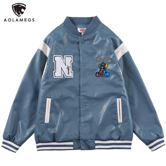 Bomber Jacket Men Furry Letter Cute Bear Leather Baseball Coat