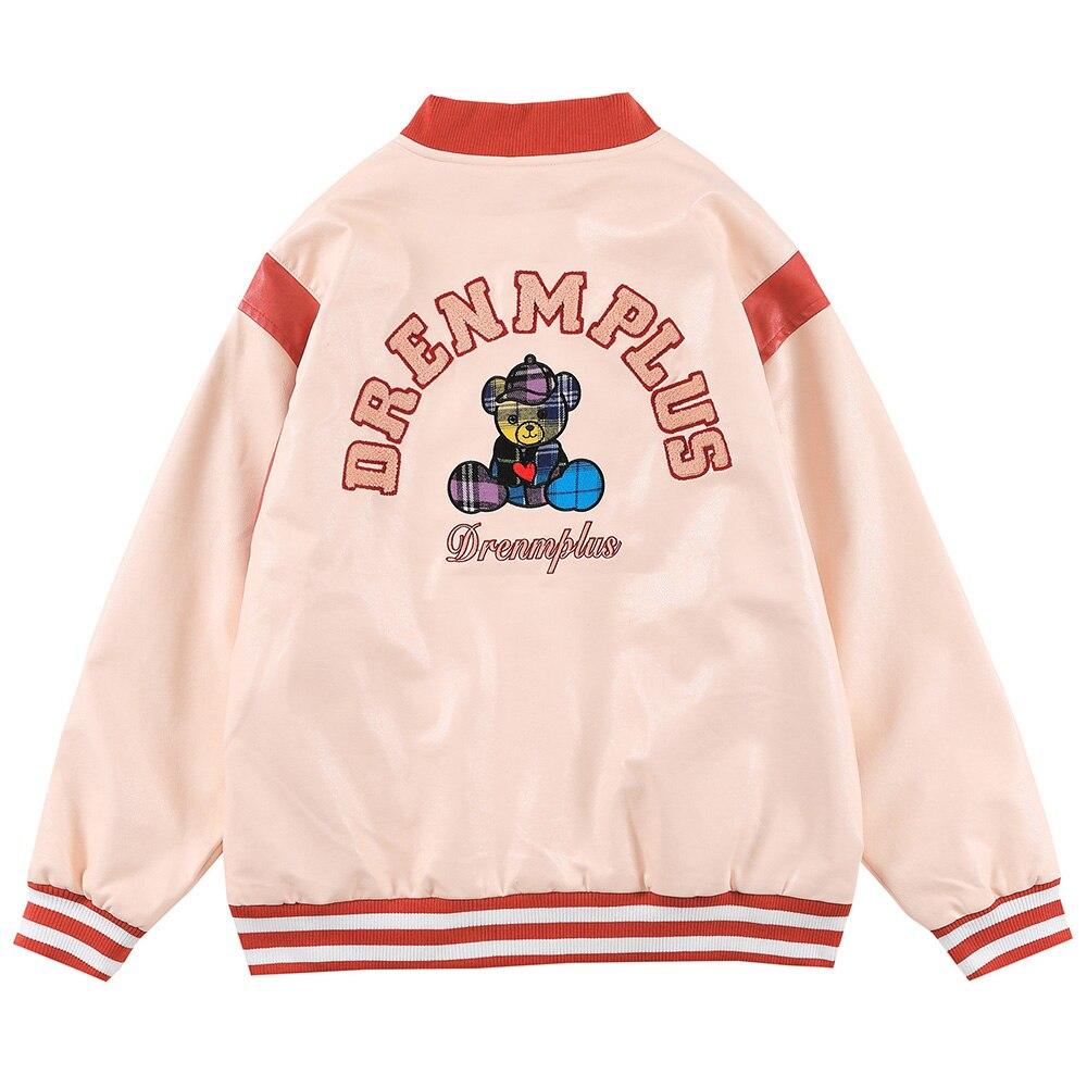 Bomber Jacket Men Furry Letter Cute Bear Leather Baseball Coat