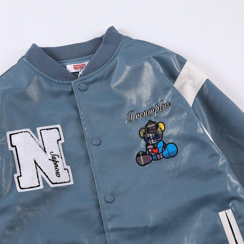 Bomber Jacket Men Furry Letter Cute Bear Leather Baseball Coat